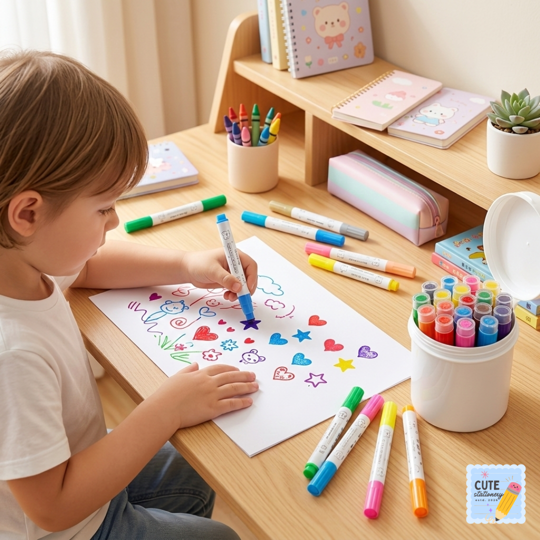 Cute Kids Stamp Acrylic Marker Set - 18 Color Fun Art Markers with Portable Case