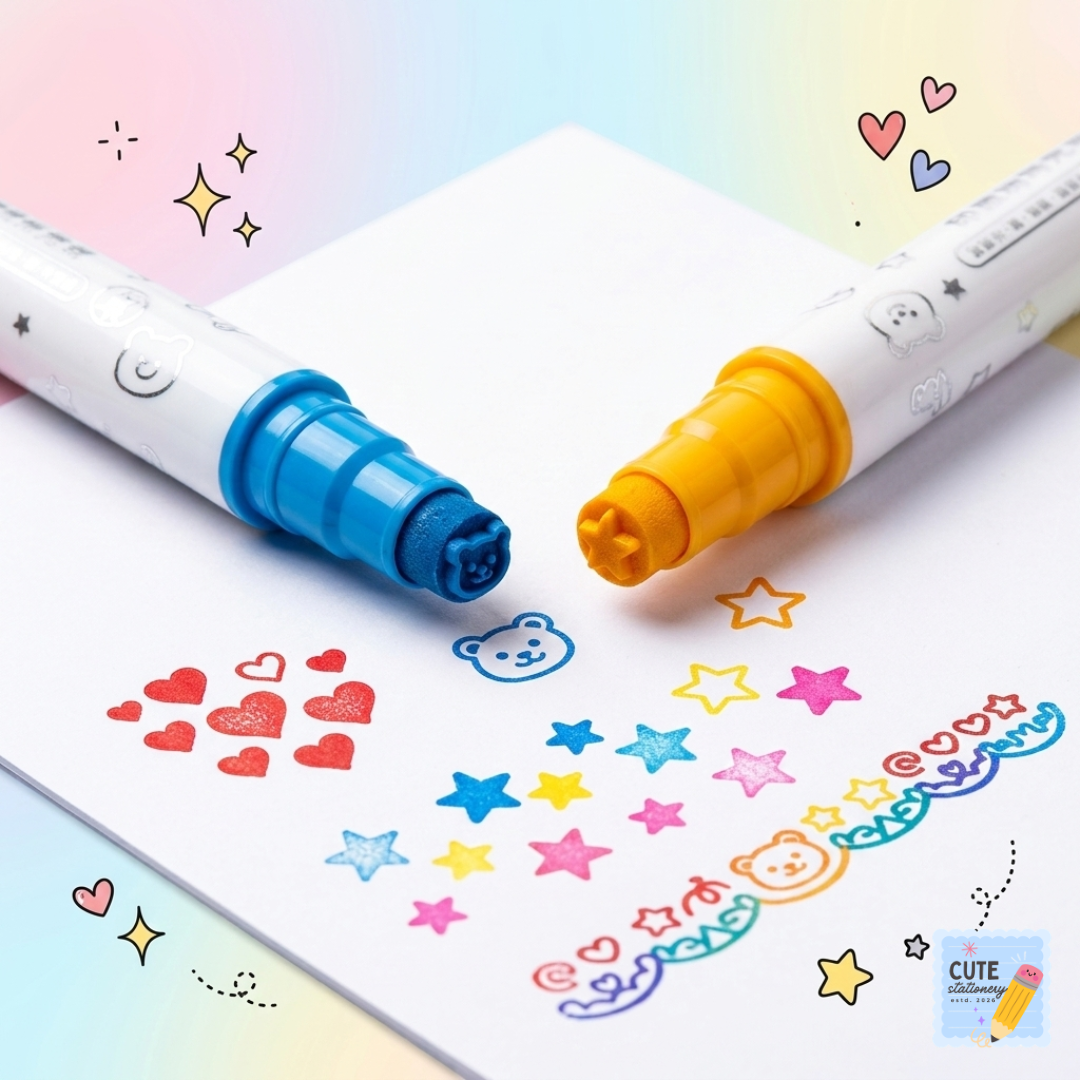 Cute Kids Stamp Acrylic Marker Set - 18 Color Fun Art Markers with Portable Case