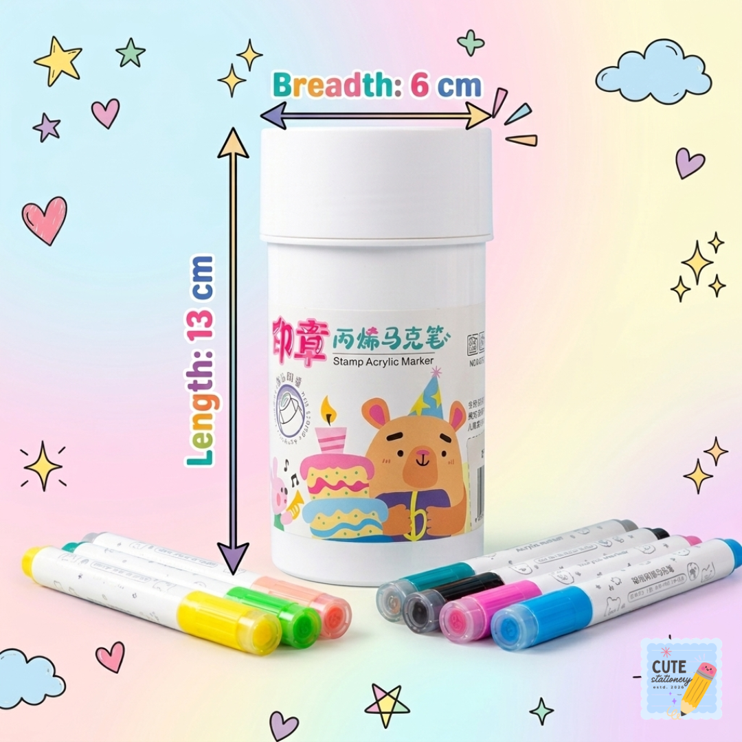Cute Kids Stamp Acrylic Marker Set - 18 Color Fun Art Markers with Portable Case