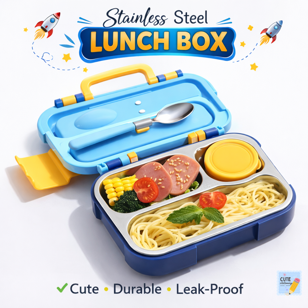 Kids Lunch Box Stainless Steel 3 Compartment | Leak-Proof Bento Tiffin | School, Picnic & Travel