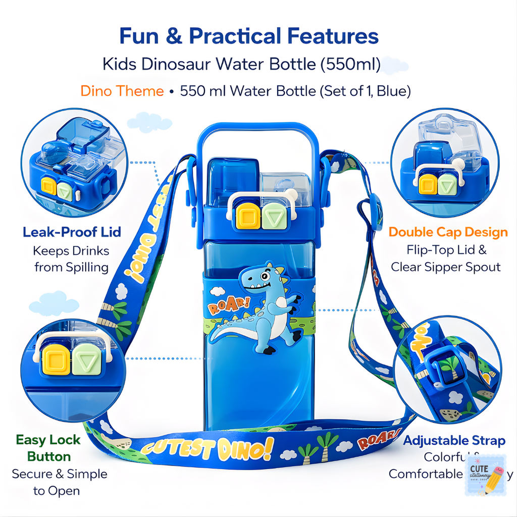Cute Stationery Kids Dino Water Bottle Blue (550 ml)