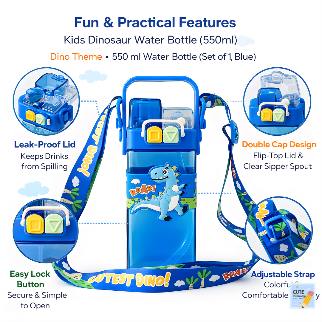 Cute Stationery Kids Dino Water Bottle Blue (550 ml)