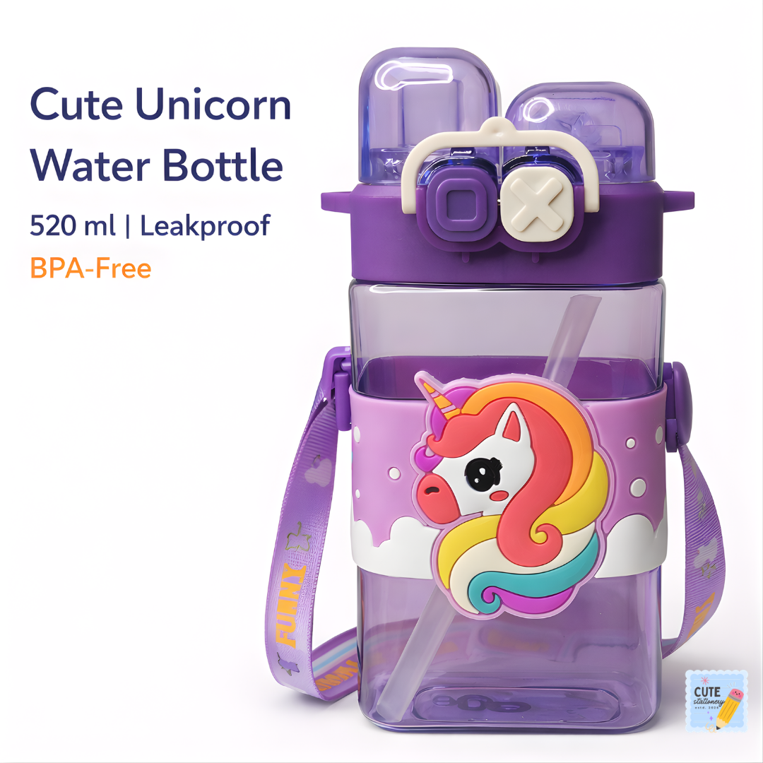 Unicorn Water Bottle for Kids (520 ml, Purple)