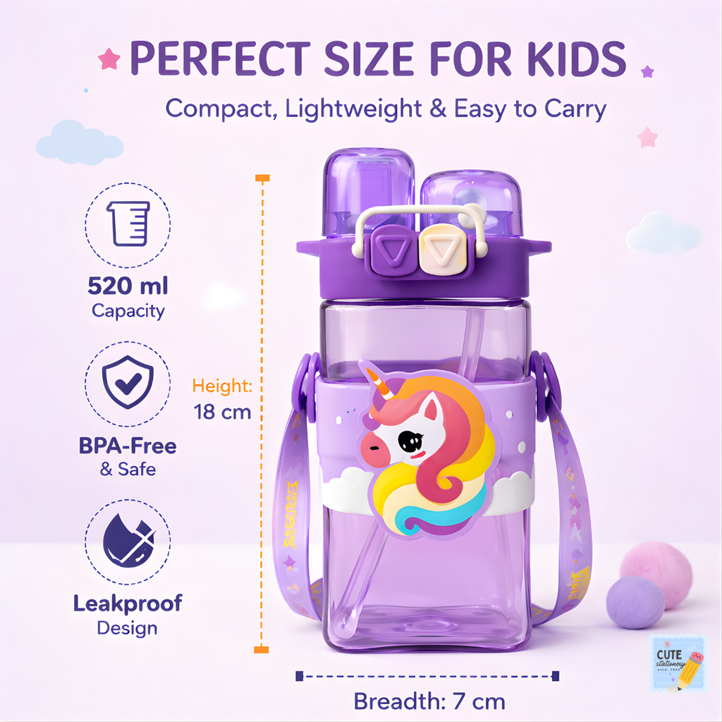 Unicorn Water Bottle for Kids (520 ml, Purple)