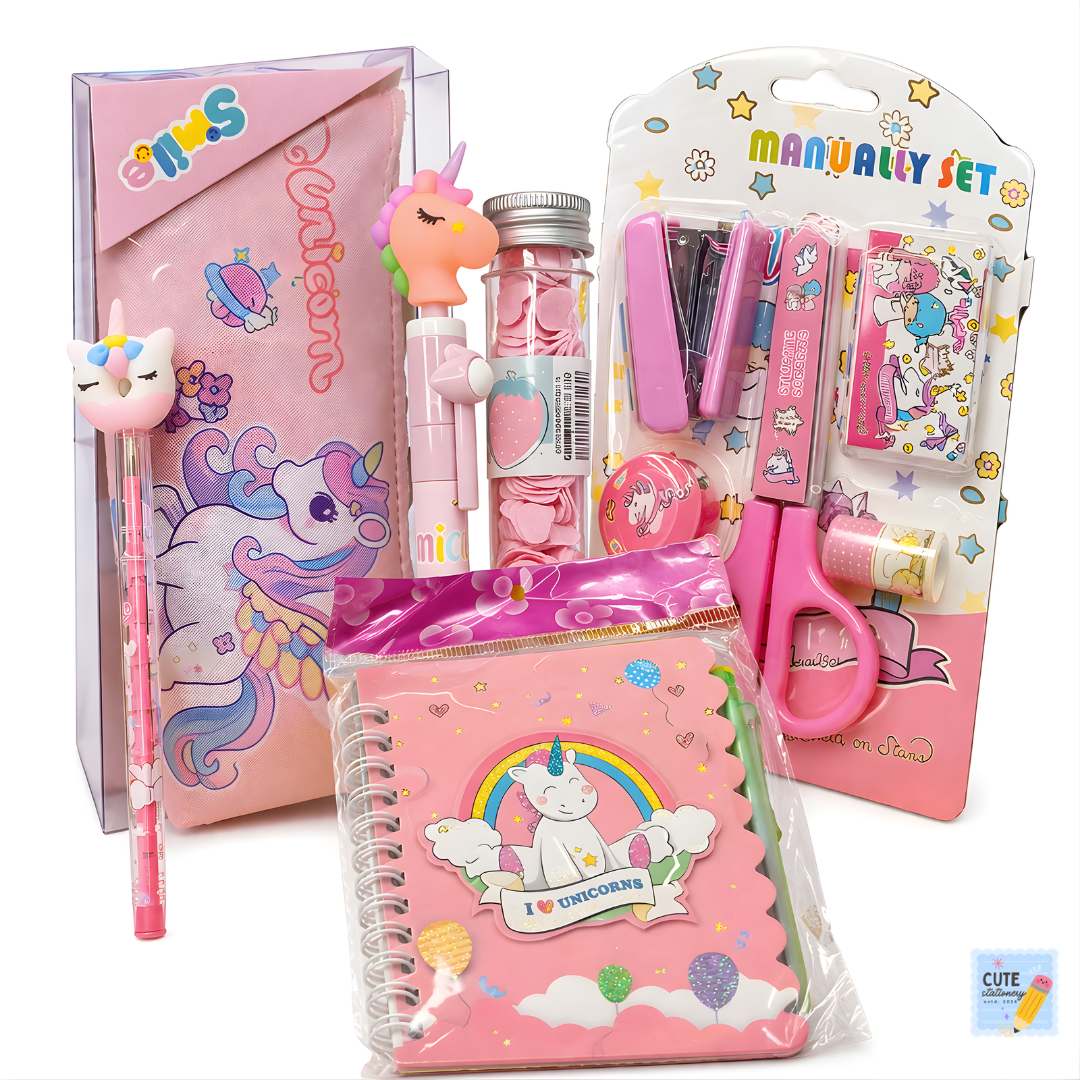 Unicorn Stationery Gift Combo Set Having (7 Items) Cute, Useful & perfect for kids and gifting!