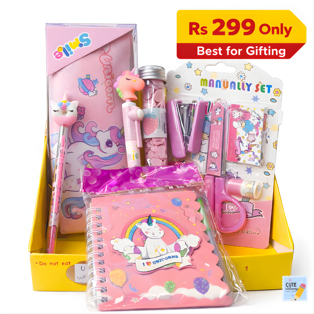 Unicorn Stationery Gift Combo Set Having (7 Items) Cute, Useful & perfect for kids and gifting!