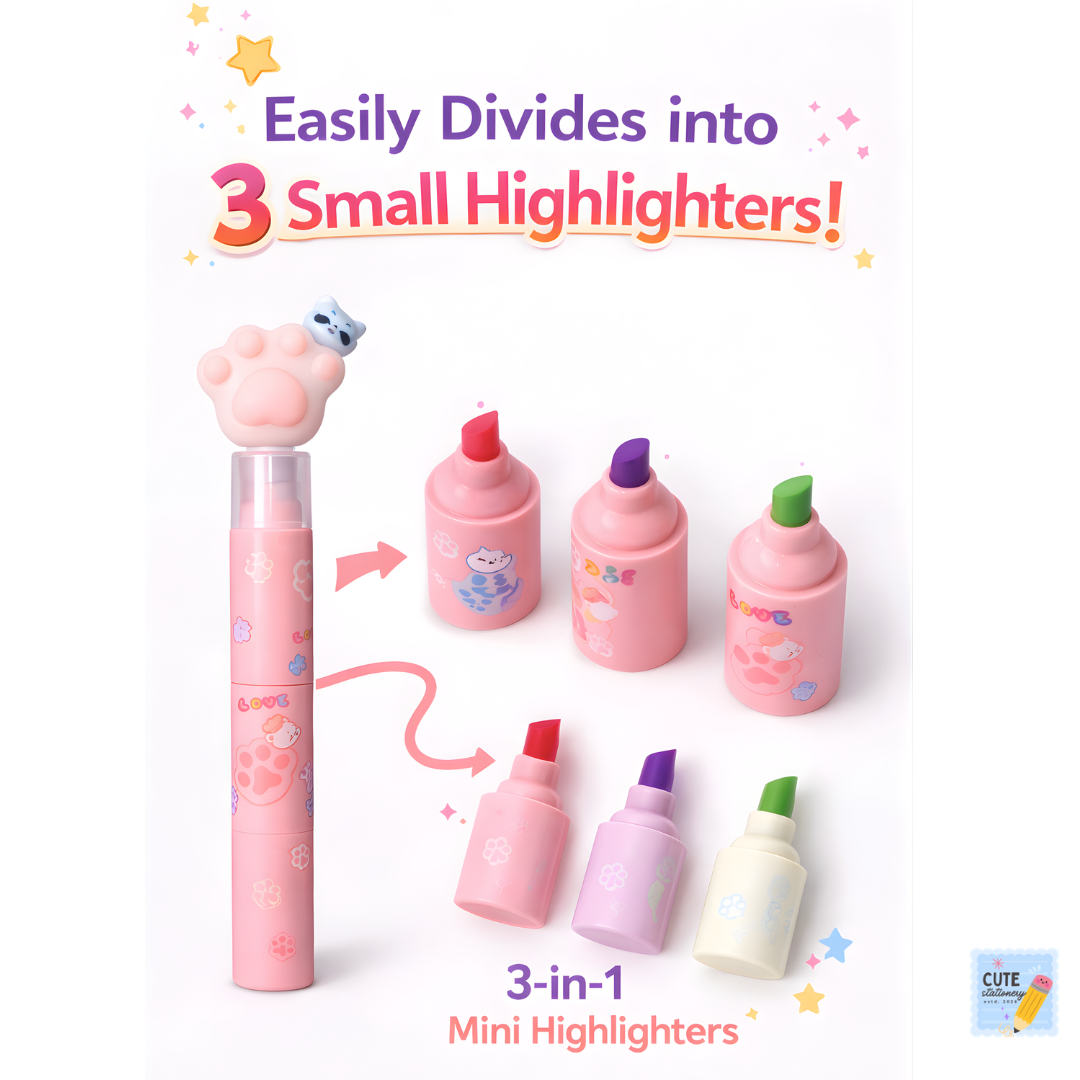 Cat Paw Highlighter Pens – Cute & Colorful Study Essentials (Pack of 4)