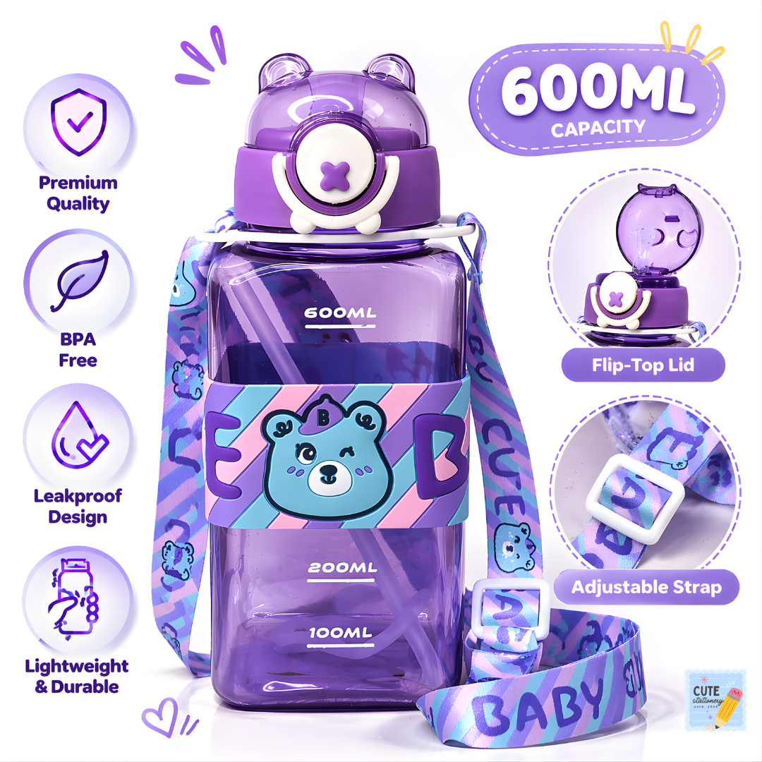 Cute Baby Water Bottle for Kids 600 ML With Side Strap (BPA Free)