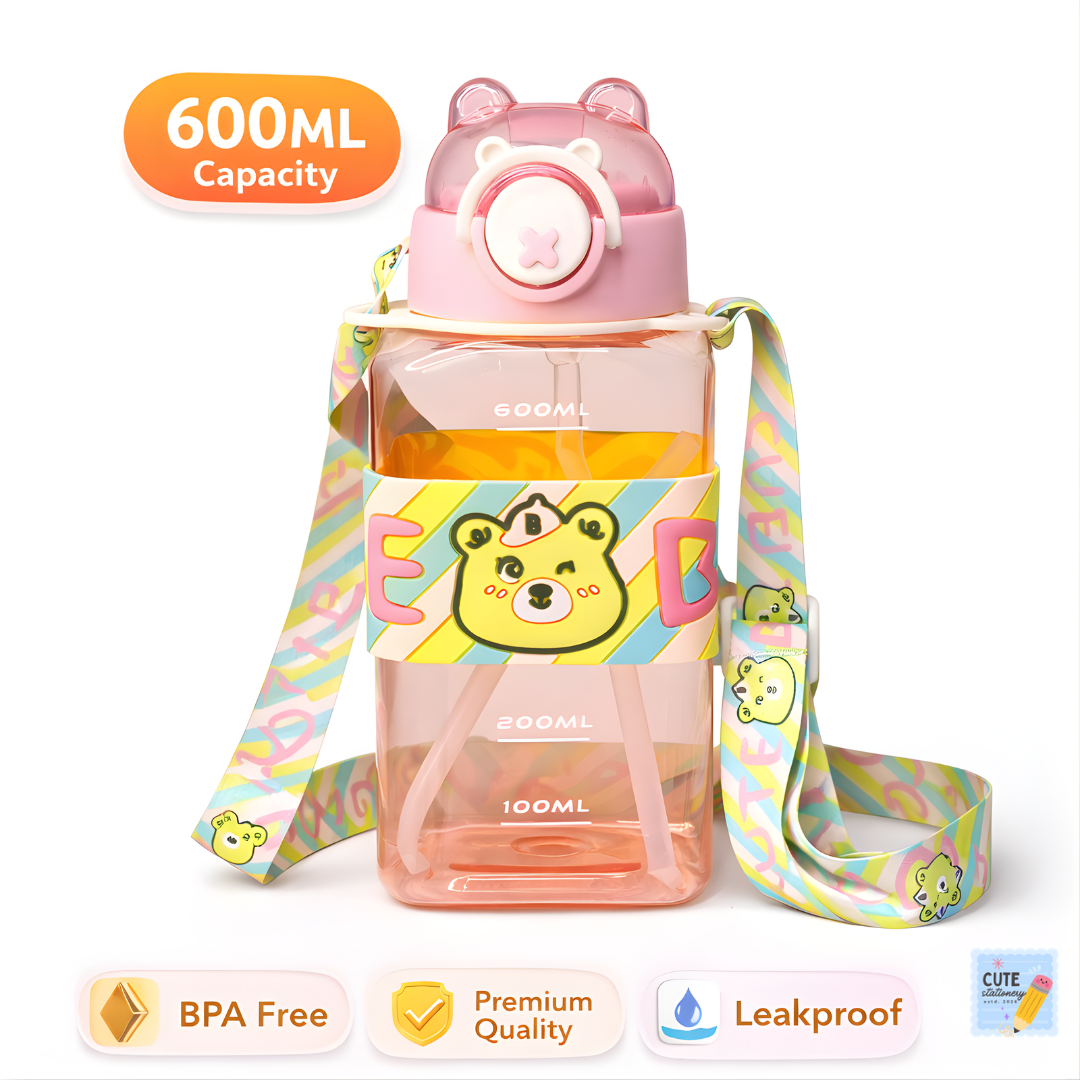 Cute Baby Water Bottle for Kids 600 ML With Side Strap (BPA Free)