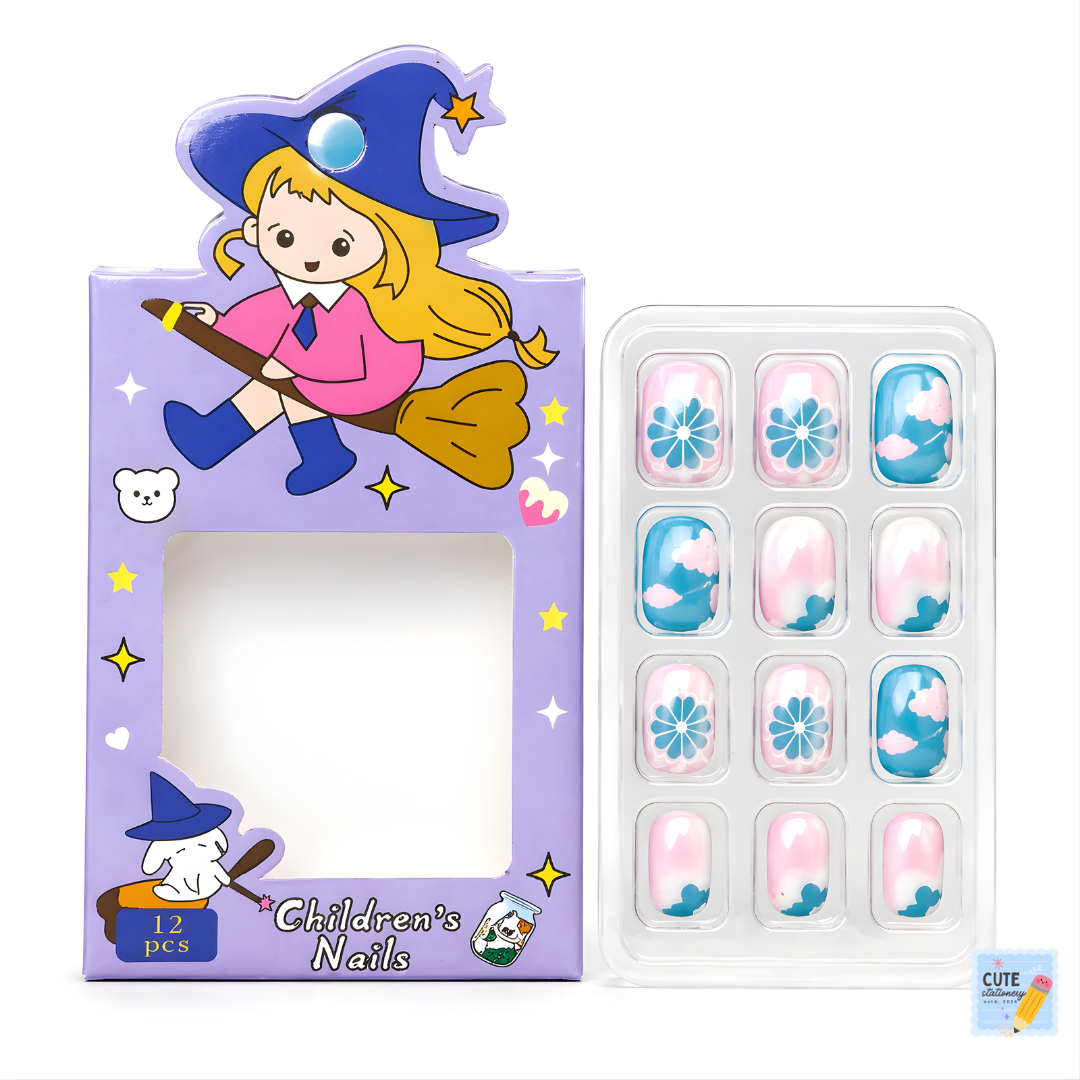 Girls Artificial Nails Art Kit - 12 PCS Stick-On Kids Nails (Multi-Color)