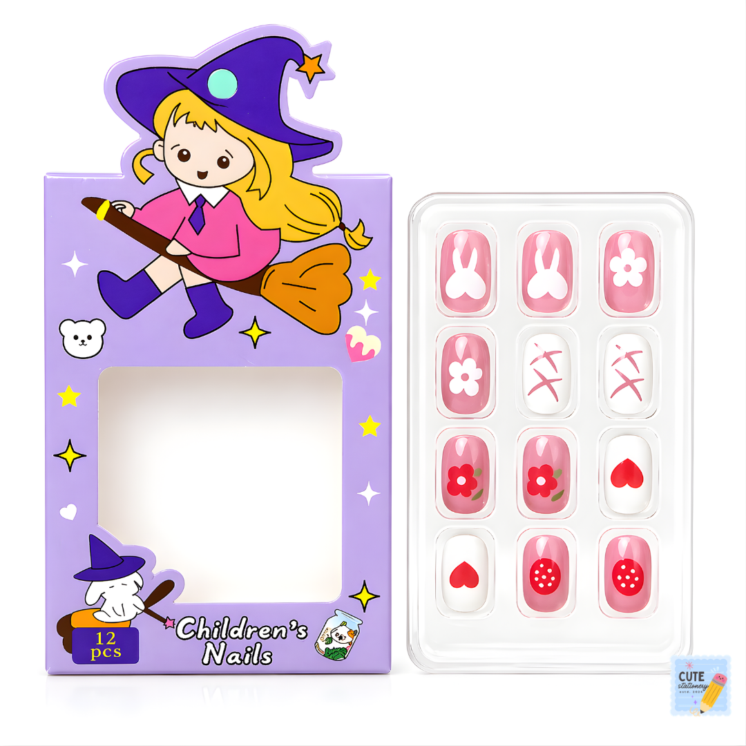 Girls Artificial Nails Art Kit - 12 PCS Stick-On Kids Nails (Multi-Color)
