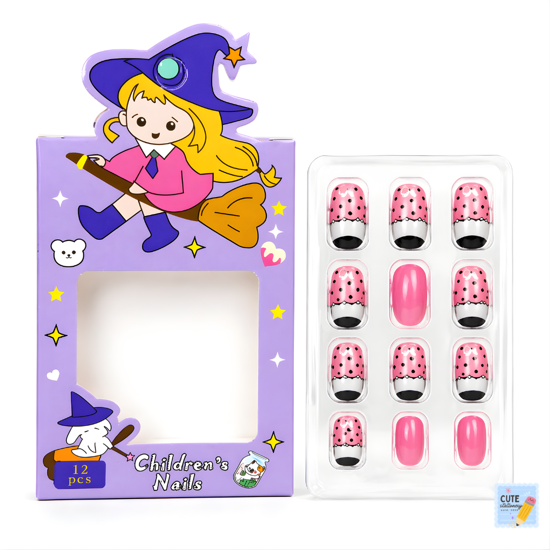 Girls Artificial Nails Art Kit - 12 PCS Stick-On Kids Nails (Multi-Color)