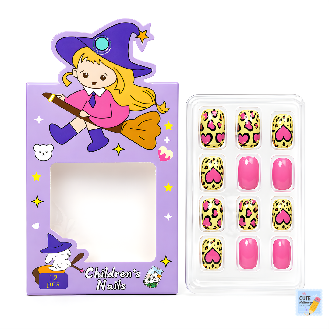 Girls Artificial Nails Art Kit - 12 PCS Stick-On Kids Nails (Multi-Color)