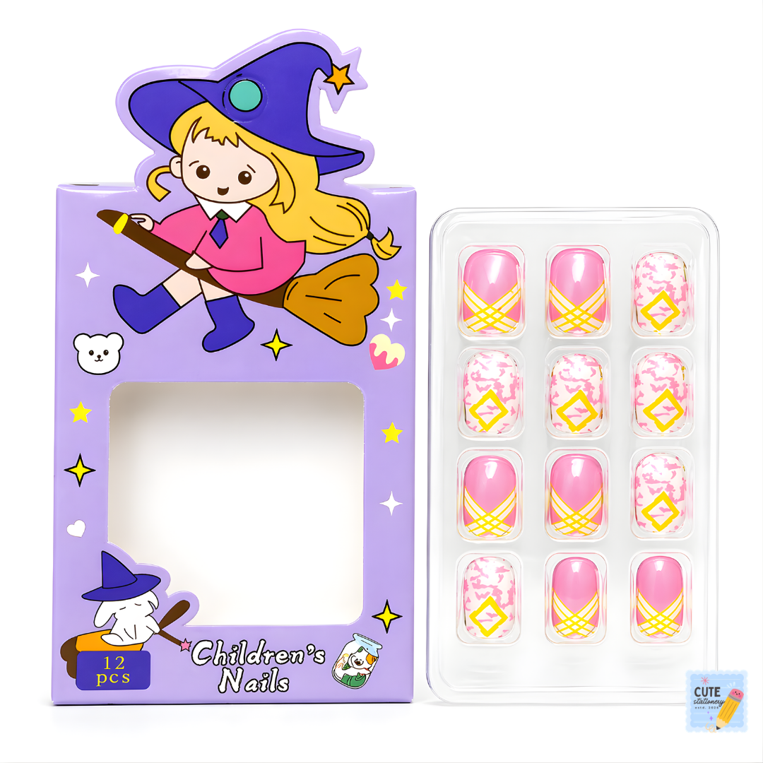 Girls Artificial Nails Art Kit - 12 PCS Stick-On Kids Nails (Multi-Color)