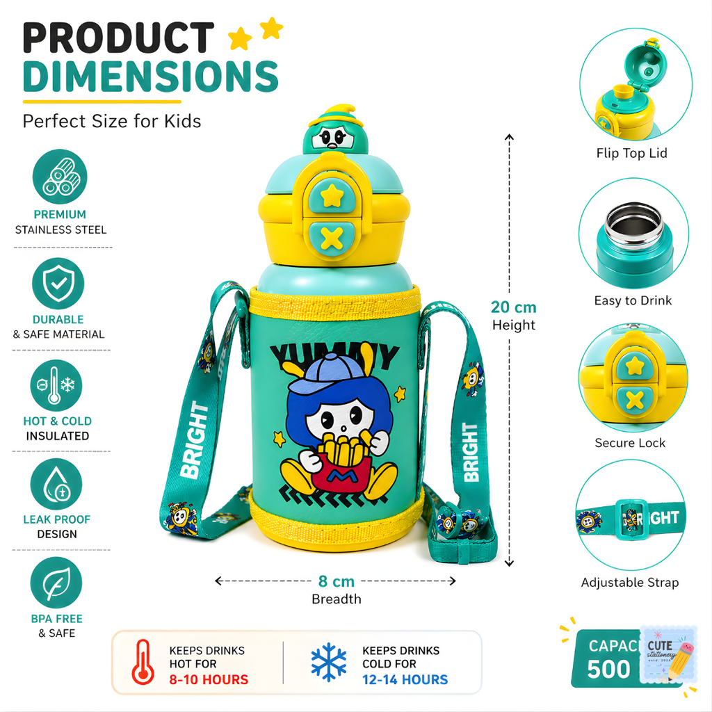 Kids Thermos Stainless Steel Hot & Cold Water Bottle (500 ML)