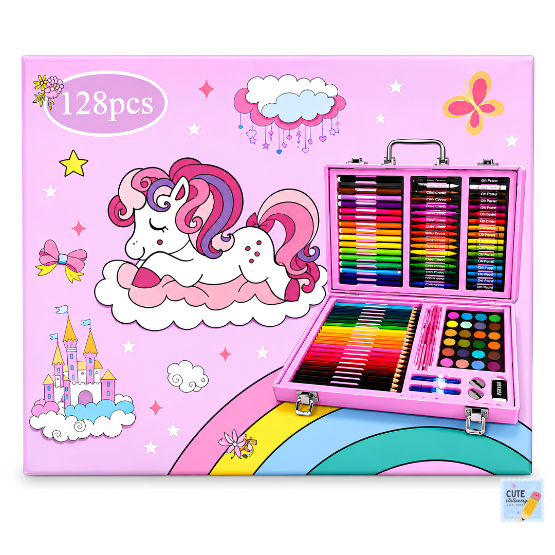 Unicorn 128 Pcs Art Kit Portable Drawing Suitcase Box with Crayons, Oil Pastels, Colored Pencils, Water color Cake Case Combo, Birthday Gifts for Kids