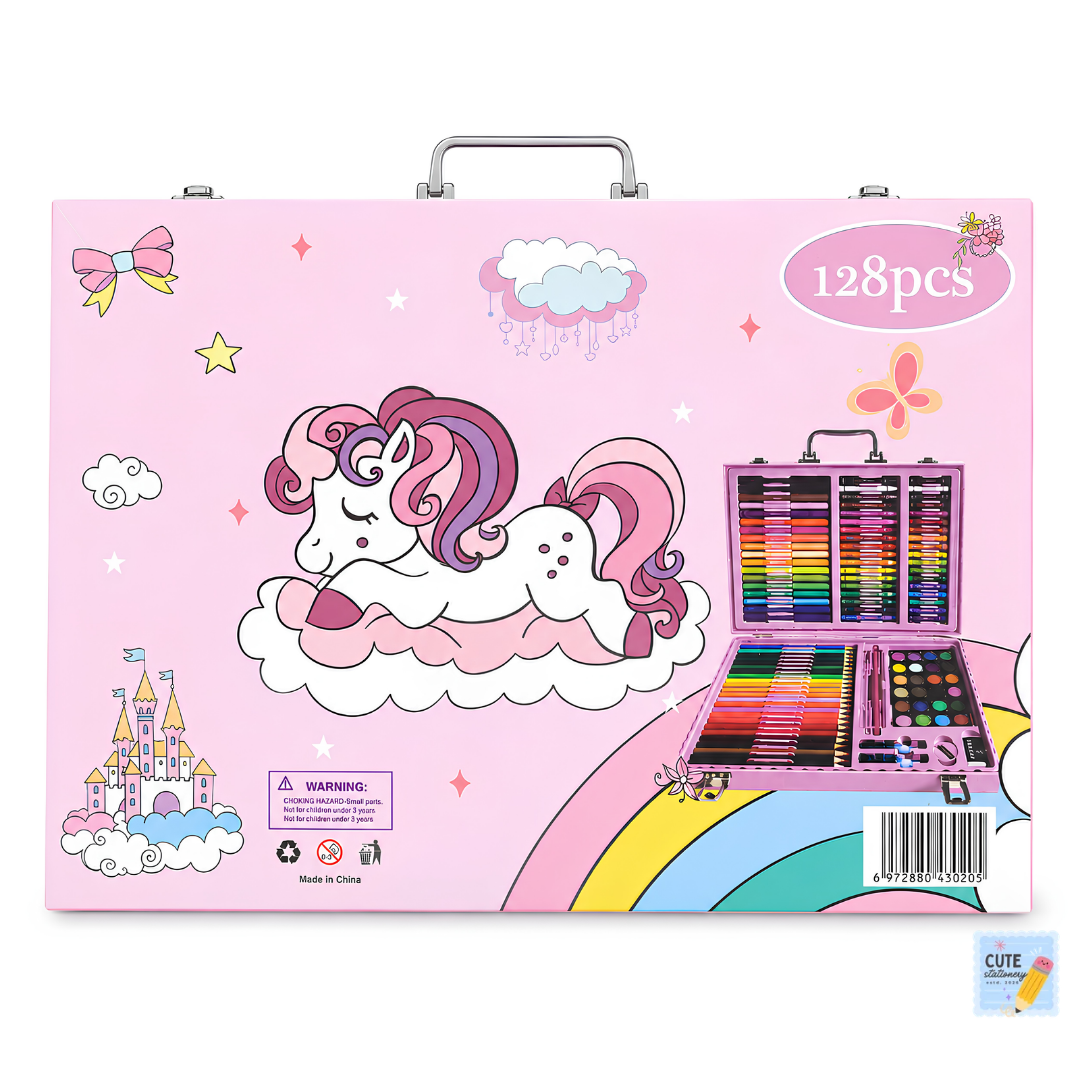 Unicorn 128 Pcs Art Kit Portable Drawing Suitcase Box with Crayons, Oil Pastels, Colored Pencils, Water color Cake Case Combo, Birthday Gifts for Kids