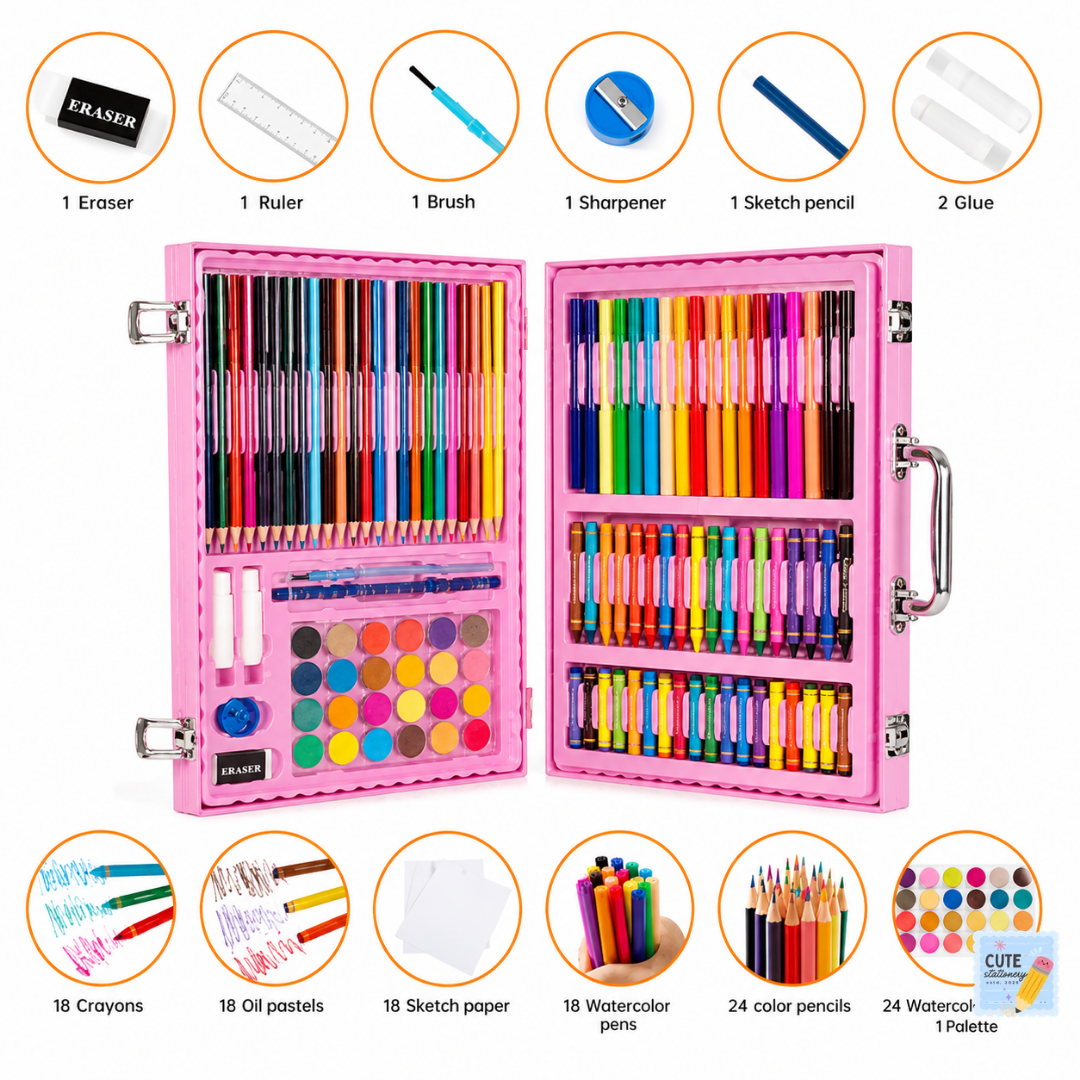 Unicorn 128 Pcs Art Kit Portable Drawing Suitcase Box with Crayons, Oil Pastels, Colored Pencils, Water color Cake Case Combo, Birthday Gifts for Kids