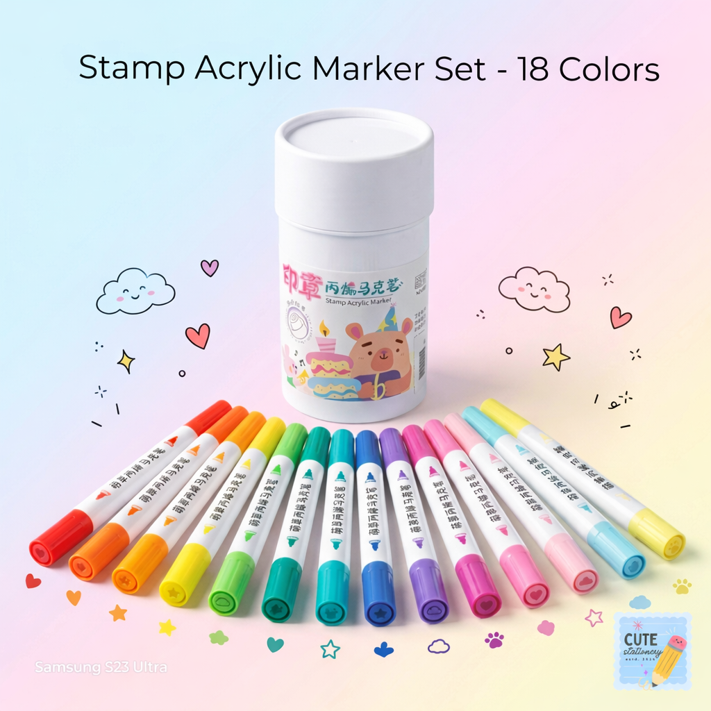 Cute Kids Stamp Acrylic Marker Set - 18 Color Fun Art Markers with Portable Case