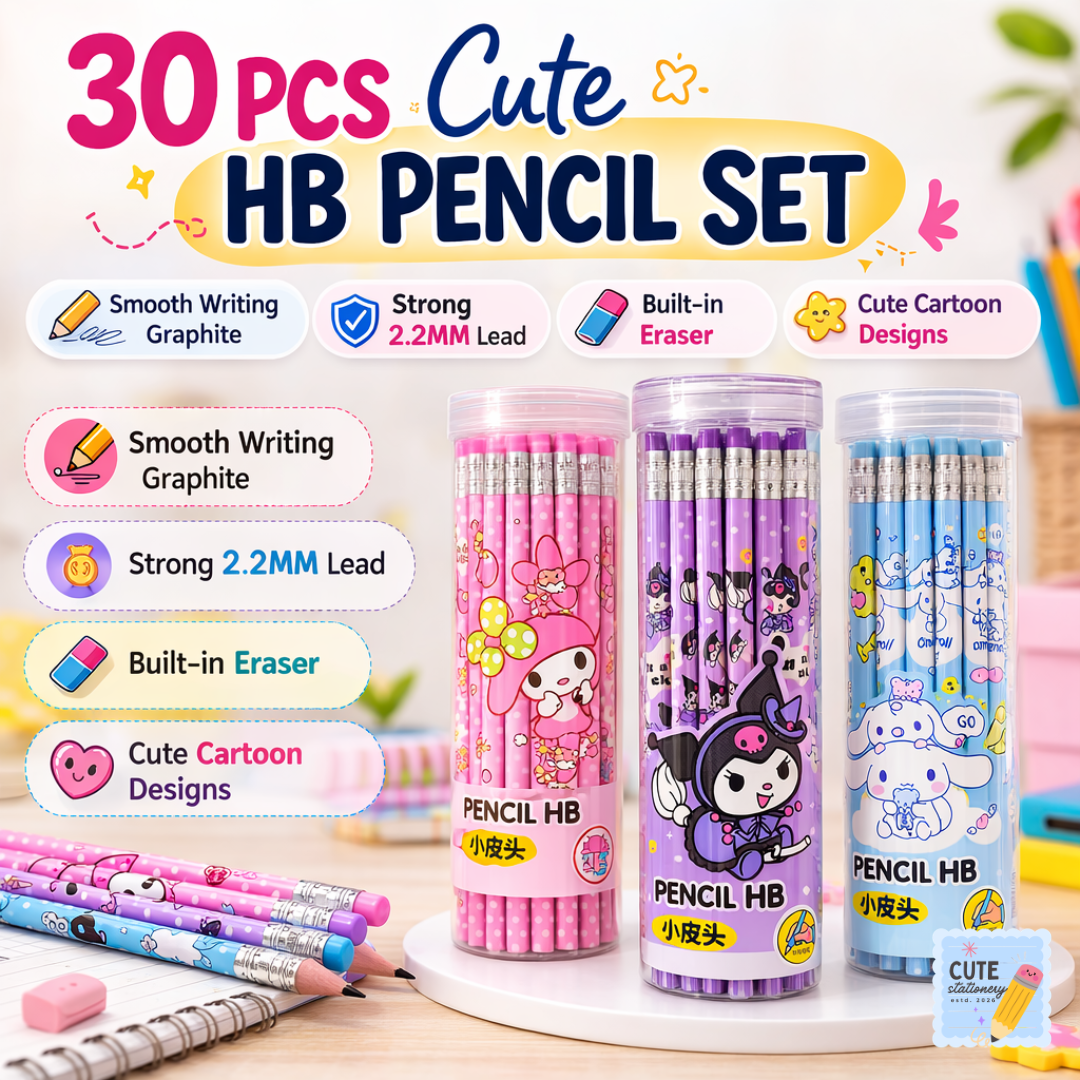Cute Kuromi Cartoon HB Pencil Set – 30 PCS Set with Eraser
