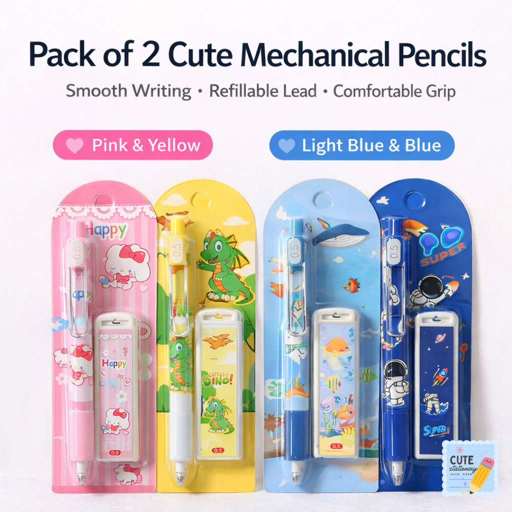 Pack of 2 Mechanical Pencils – Smooth Writing, Refillable, Durable & Comfortable Grip (Yellow & Pink) & (Light Blue & Blue) / Assorted.