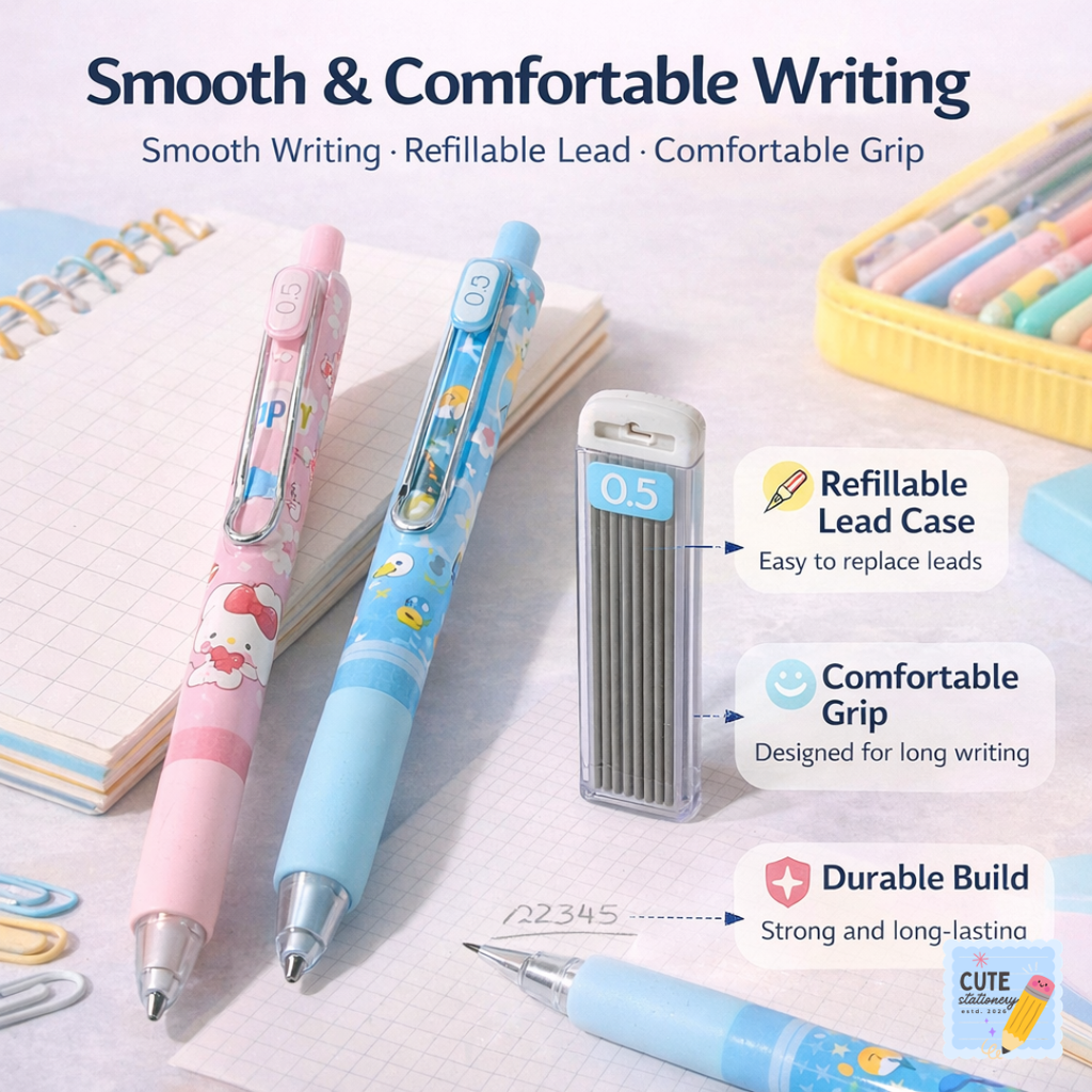 Pack of 2 Mechanical Pencils – Smooth Writing, Refillable, Durable & Comfortable Grip (Yellow & Pink) & (Light Blue & Blue) / Assorted.
