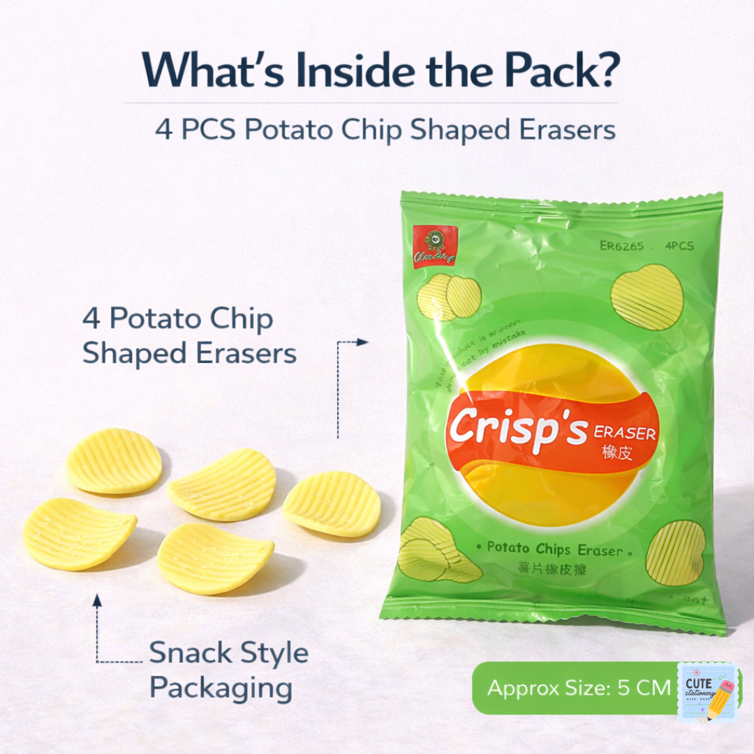 Potato Chip Shaped Erasers, Pack of 1 (4pcs Eraser), School Stationery Gift Set