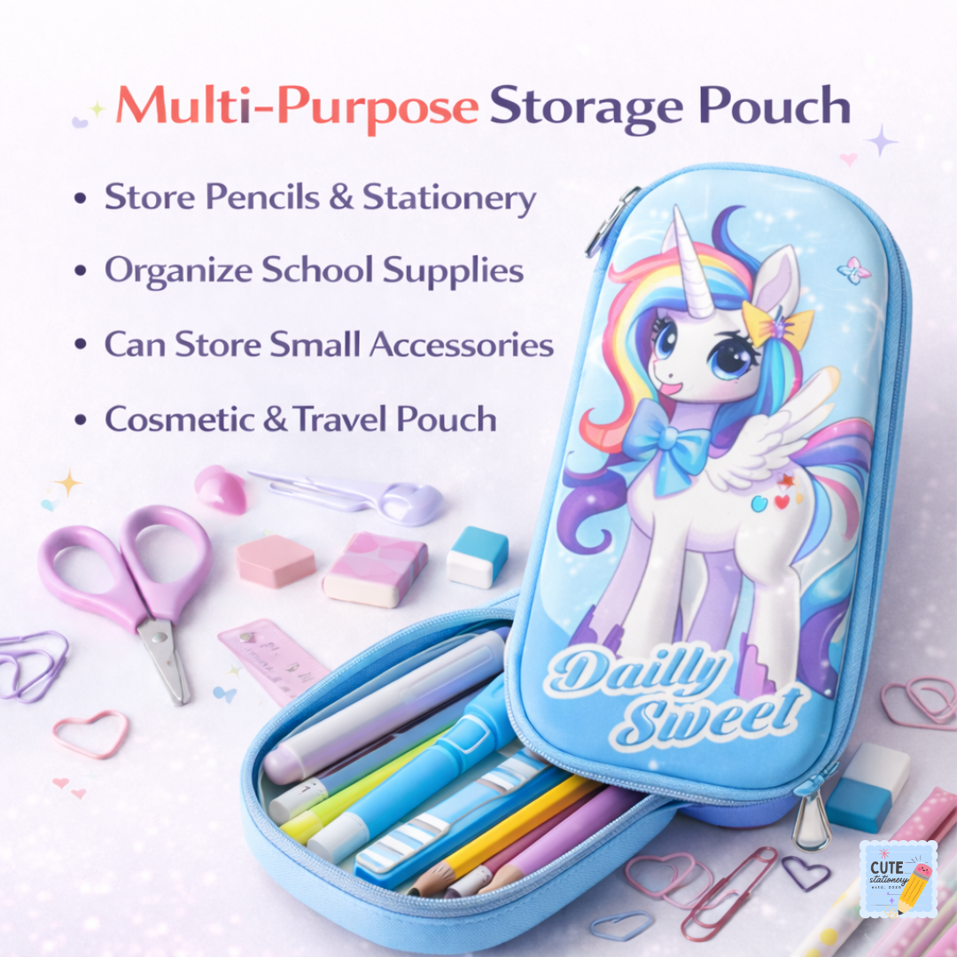 3D Unicorn Pencil Case / Pencil Pouch Available in Pink , Blue & Purple
