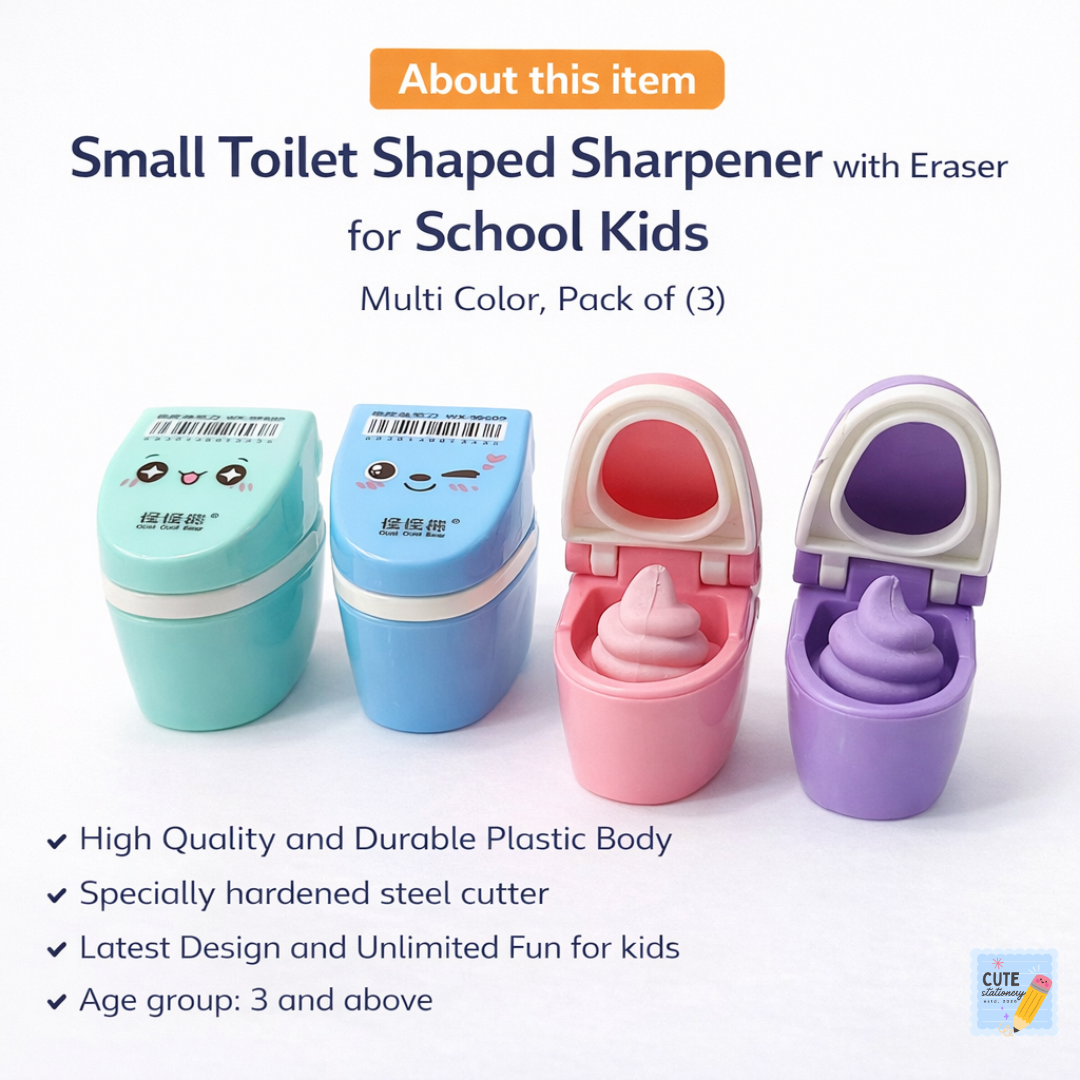 Cute Toilet Shape Sharpener with Eraser – Pack of 3 for Kids