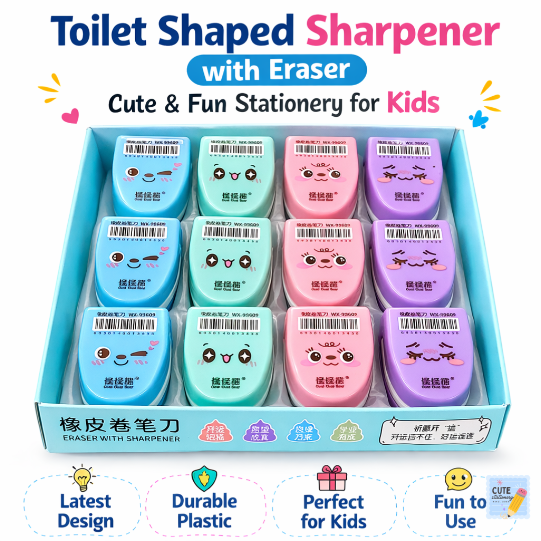 Cute Toilet Shape Sharpener with Eraser – Pack of 3 for Kids