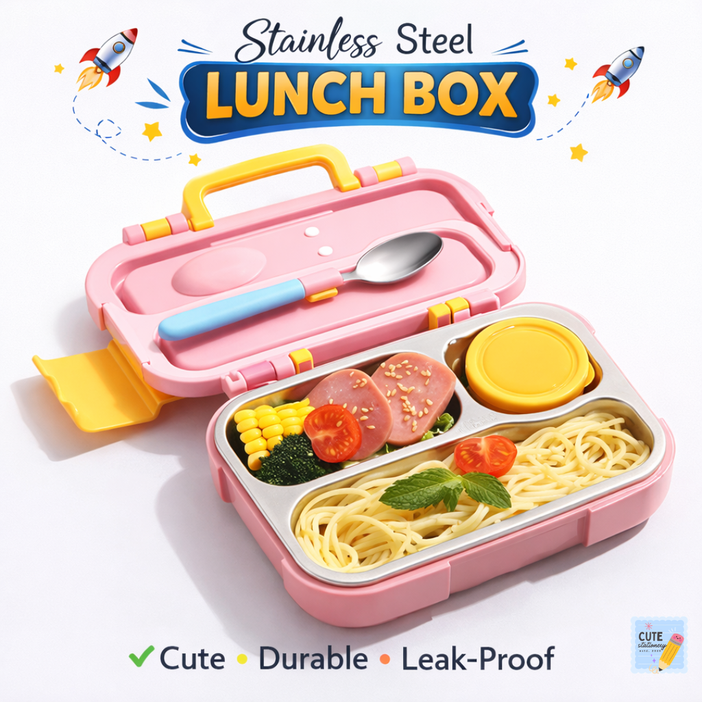 Kids Lunch Box Stainless Steel 3 Compartment | Leak-Proof Bento Tiffin | School, Picnic & Travel