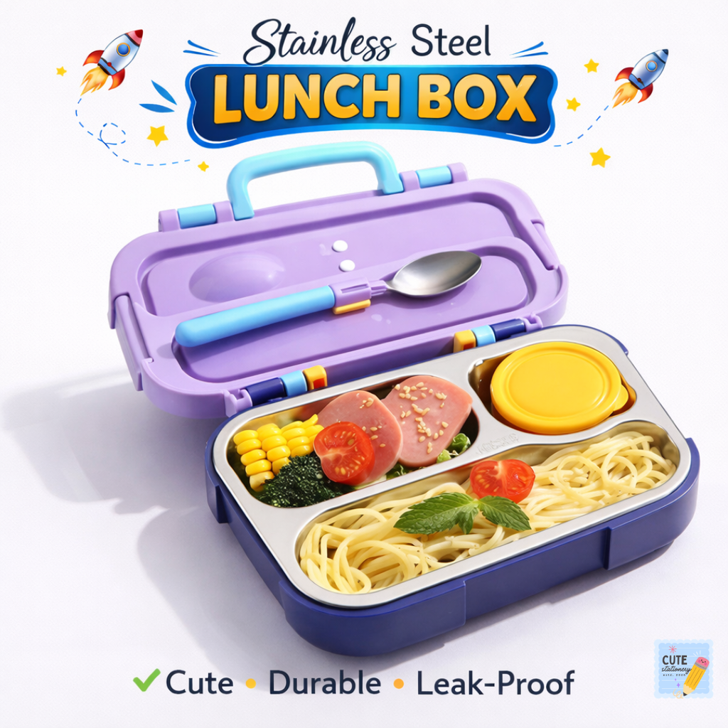 Kids Lunch Box Stainless Steel 3 Compartment | Leak-Proof Bento Tiffin | School, Picnic & Travel